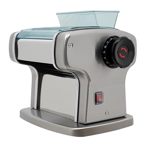110V Electric Pasta Machine, Automatic Noodles Dumpling Dough Skin Maker 2.5mm & 4mm 2-Blades Pasta Dough Spaghetti Roller Pressing Machine 9 Thickness Settings 135W