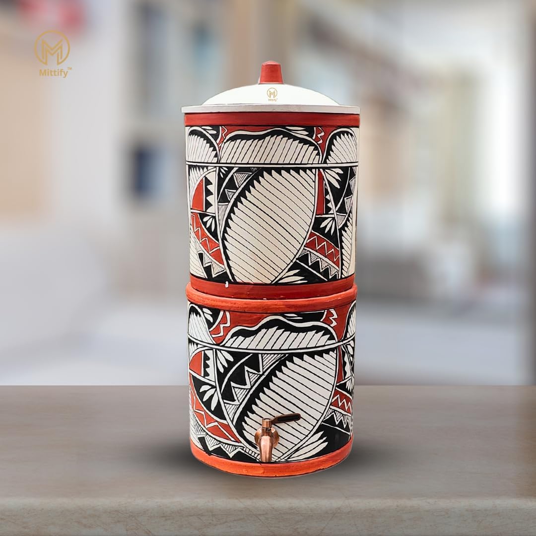 Earthen Clay Water Filter Dispenser with Metal Tap (Capacity - 20L), Natural Filtration, Handmade and Eco-Friendly, Say Goodbye to Plastic Bottles with Sustainable, Indian Harp Design FIlter