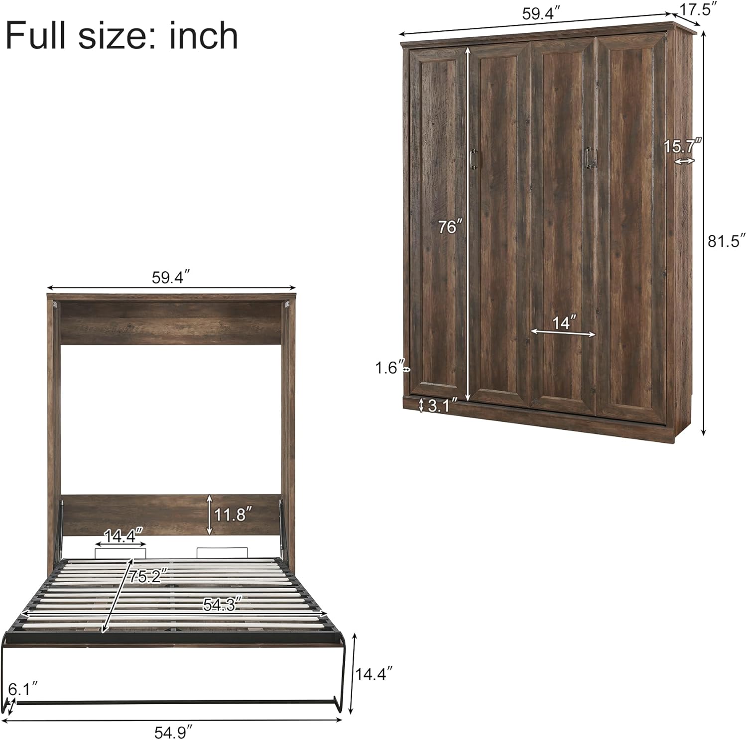 Full Size Murphy Bed with 2 Side Cabinet Storage Shelf, Wood Foldable Bedframe Wallbed for Bedroom Living Room, Space-Saving Design, Brown