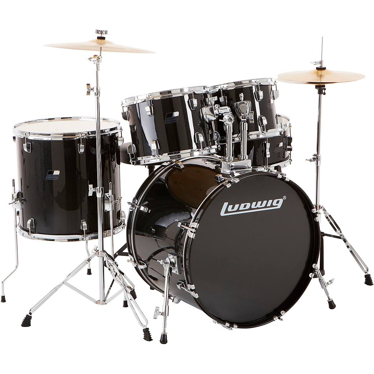 Ludwig Backbeat Complete 5-Piece Drum Set with Hardware and Cymbals Black Sparkle - Megean