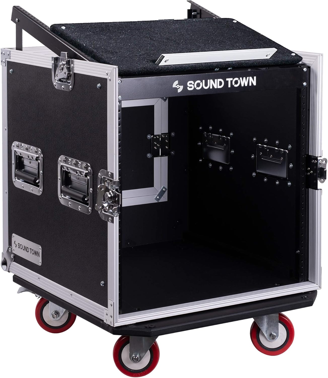 Sound Town 8U PA DJ Pro Audio Rack/Road ATA Case with 13U Slant Mixer Top, 23.5’’ Rackable Depth and Casters, 8 Space Size, Pro Tour Grade (STMR-8UW)