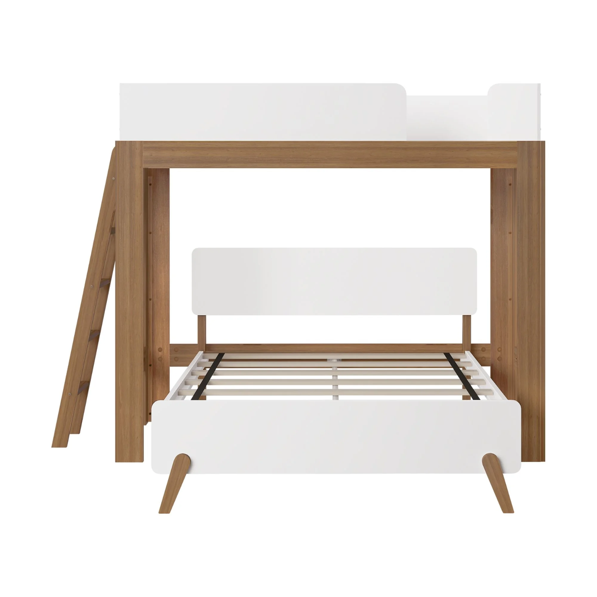 Max & Lily Twin over Full L-Shaped Bunk Bed, Mid-Century Modern Bunk Solid Wood Bunk for Kids, White/Pecan