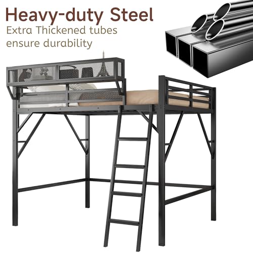 Full Size Loft Bed with Stairs and Storage, Metal Loft Bed Frame with Bedside Shelf and Large Under-Bed Space, Heavy-Duty Bed for Adults Teens and Kids, Black