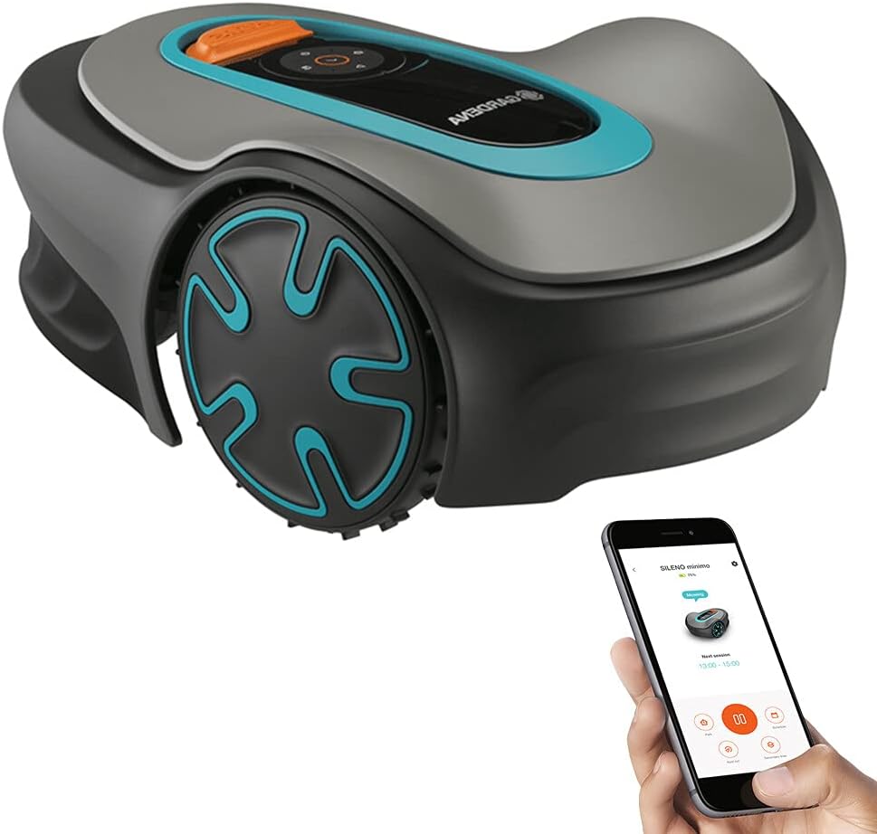 GARDENA SILENO Minimo - Fully automatic robotic lawnmower with Bluetooth App, quietest in the market, boundary wire included, for lawns up to SILENO Minimo 5400 sq ft, Grey