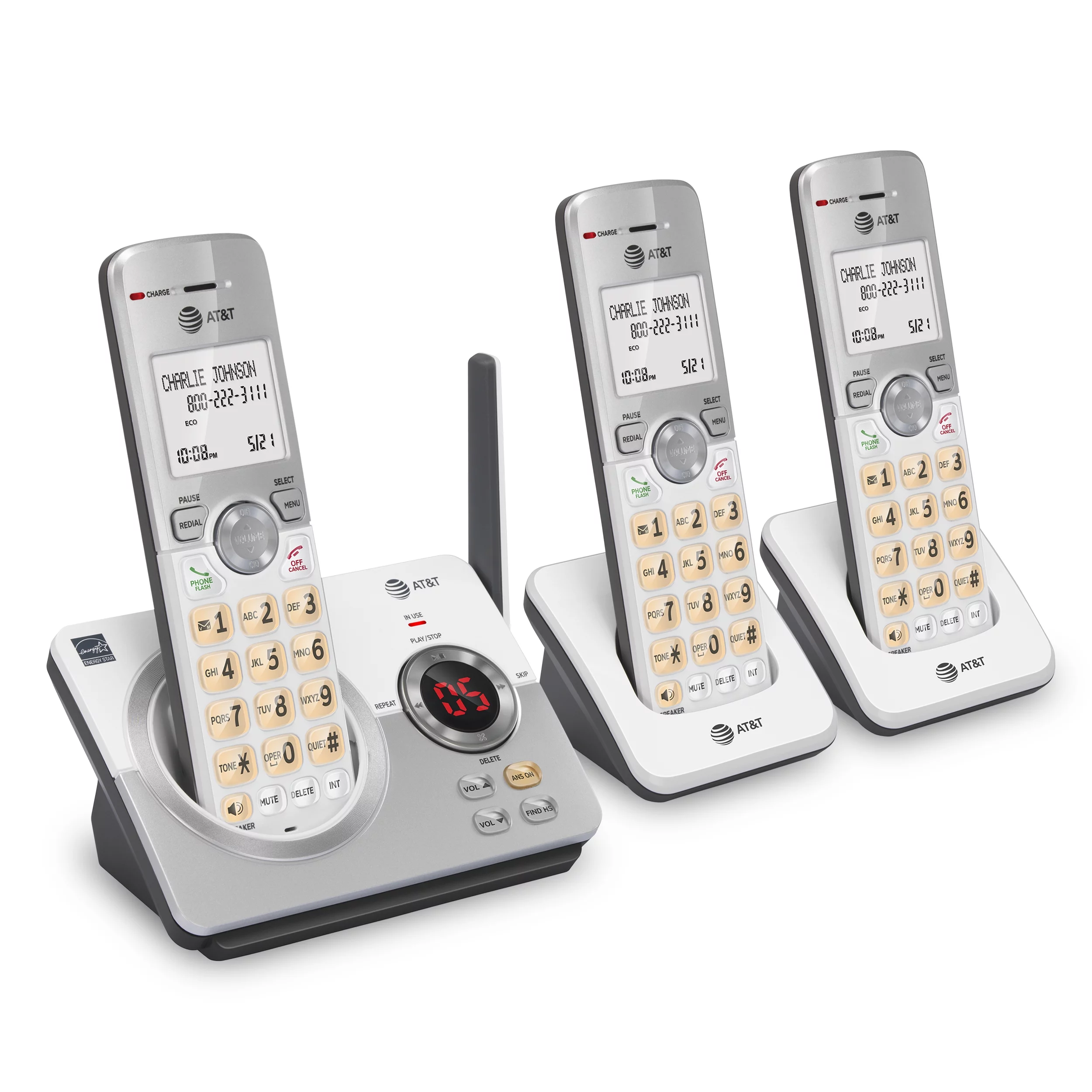 AT&T EL52319 Expandable Cordless Phone with Unsurpassed Range, Answering System and Caller ID, 3 Handsets, White/Silver