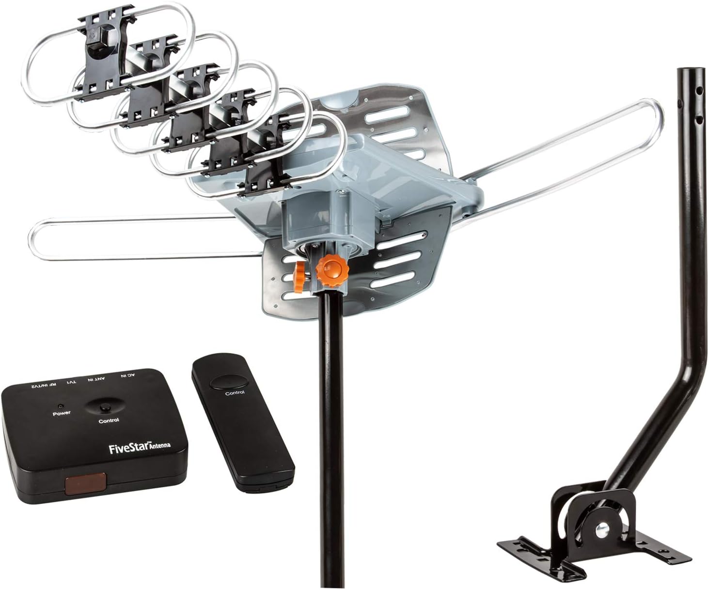 Five Star Outdoor HDTV Antenna Up to 150 Miles Range with Motorized 360 Degree Rotation, UHF/VHF/FM Radio with Remote Control Advanced Design Plus, Installation Kit 40ft RG6 Coax Cable Support 5TVs