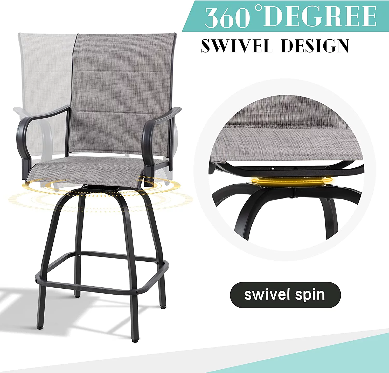 Sobaniilo 4 Pieces Outdoor Patio Swivel Bar Stools, All Weather Padded Sling Textilene High Top Bar Chairs, Bistro Set for Backyard, Lawn Garden, Balcony, Gray