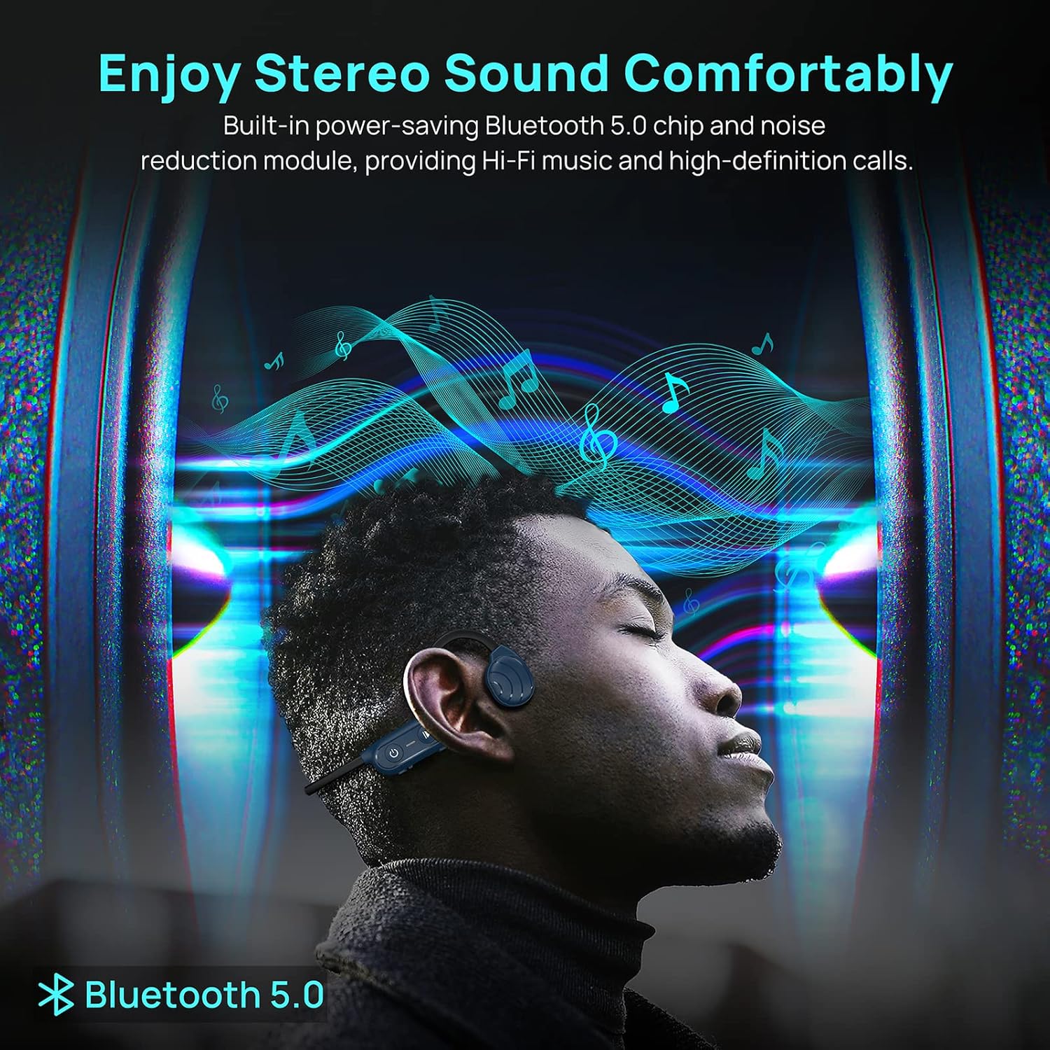 Bone Conduction Headphones Bluetooth, Mionbel Stereo Wireless Earphones Built-in Noise-canceling Mic, Open-Ear Waterproof Sport Headsets for Running Cycling Yoga Hiking Driving Travel, Blue