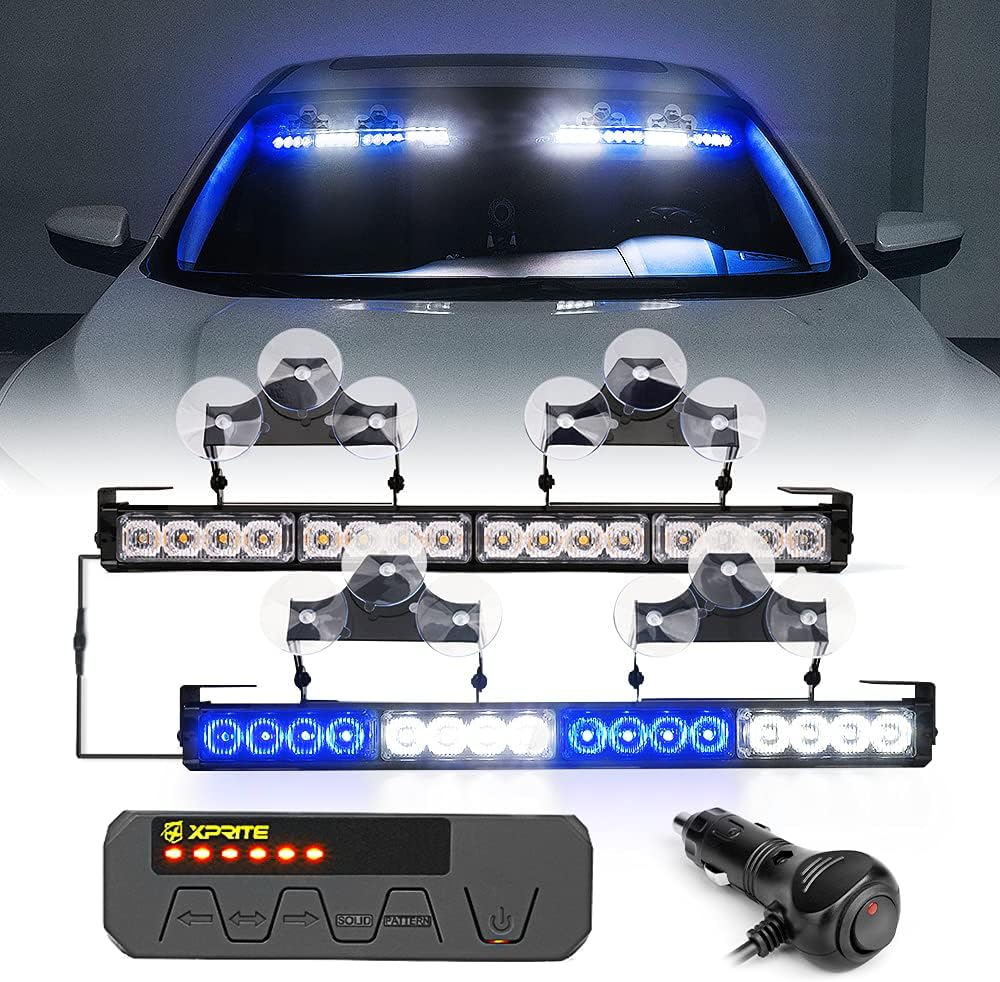 Xprite Emergency Traffic Advisor Strobe Dual Light Bar, White Amber LED Interior Windshield Visor Deck Safety Hazard Warning Caution Flashing Lightbars w/Control Box, for Construction Vehicles Trucks Pack of 2