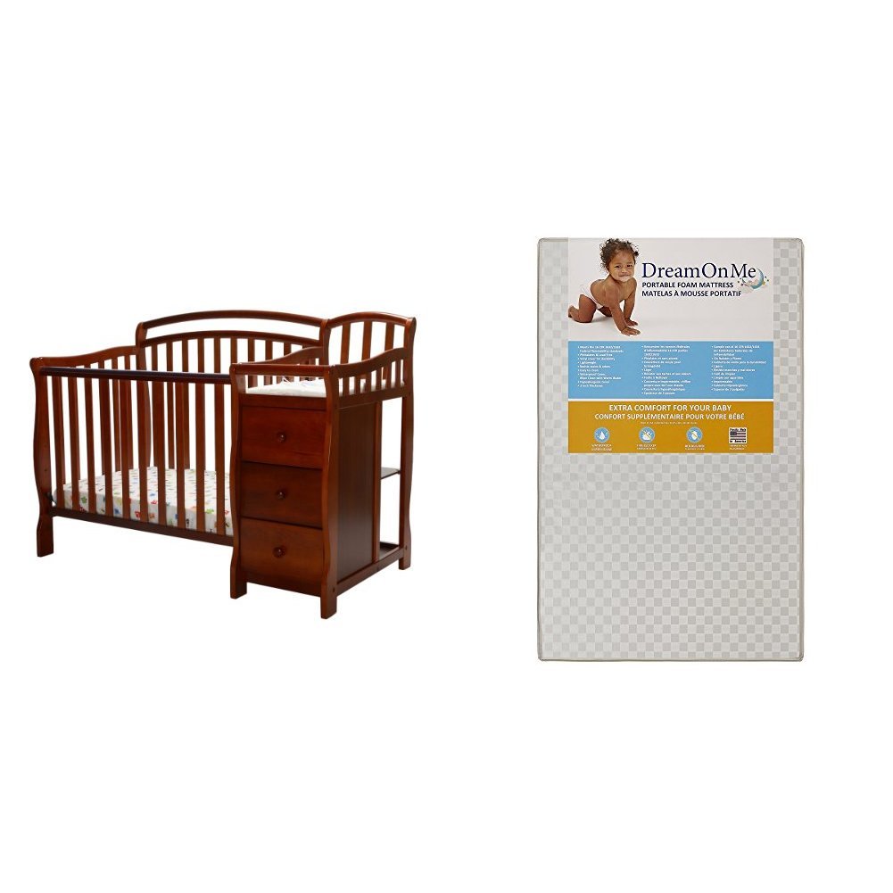 Dream On Me Casco 4 in 1 Mini Crib and Dressing Table Combo with Dream On Me 3 Portable Crib Mattress, White