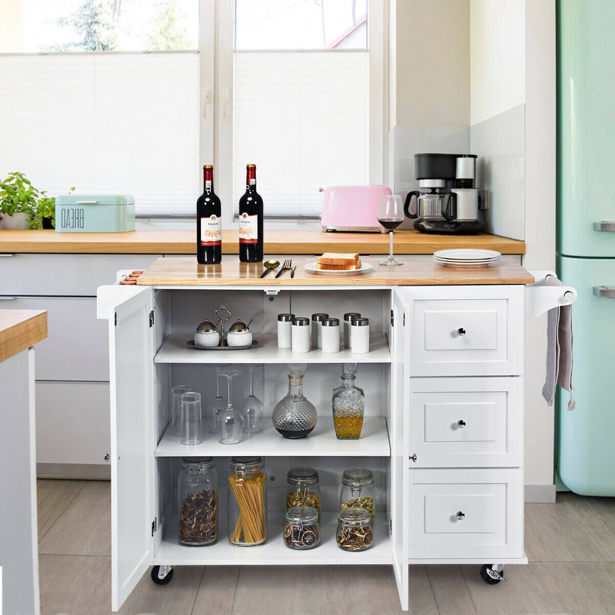 Gymax Drop-Leaf Kitchen Island Trolley Cart Wood Storage Cabinet w/ - See Details - Kitchen Cart - White