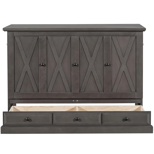 Harper & Bright Designs Queen Size Murphy Bed, Solid Pine Queen Murphy Frame Chest Cube Cabinet Bed with Charging Station and Large Storage Drawer for Home Office or Small Room, Gray