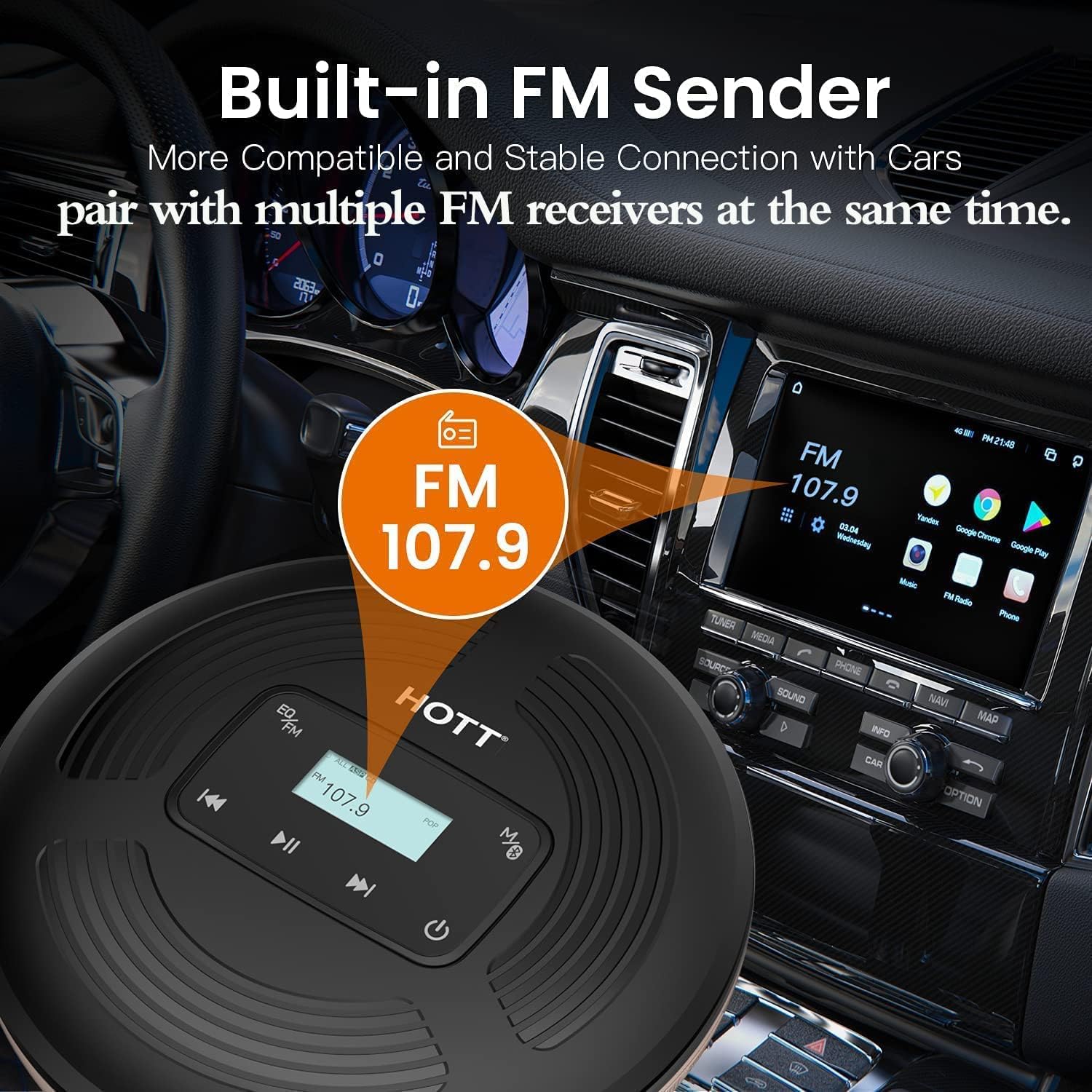 HOTT CD903TF Portable CD Player for Car 1800mah Rechargeable HiFi Bluetooth 5.0 FM Transmitter Anti-Skip Shockproof with AUX Output TouchButtons ,Headphones Anti-Shock Protection-Black