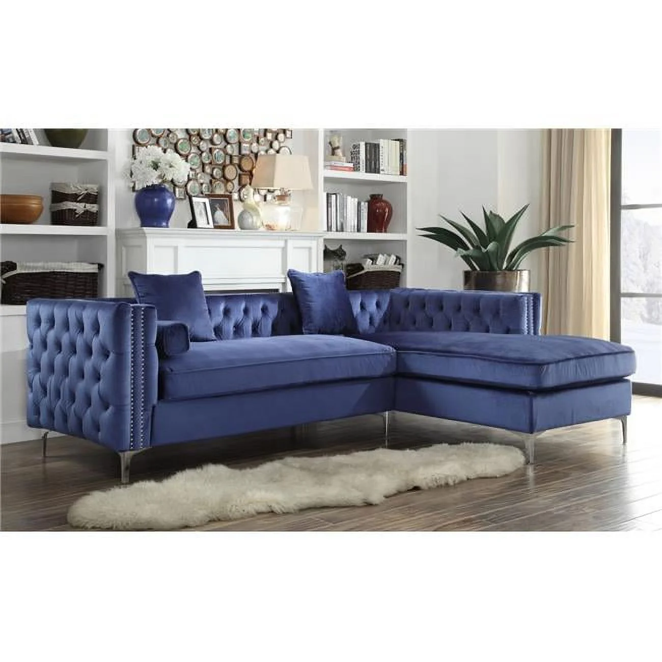 Monet Velvet Modern Contemporary Button Tufted with Silver Nailhead Trim Silvertone Metal Y-Leg Right Facing Sectional Sofa, Navy