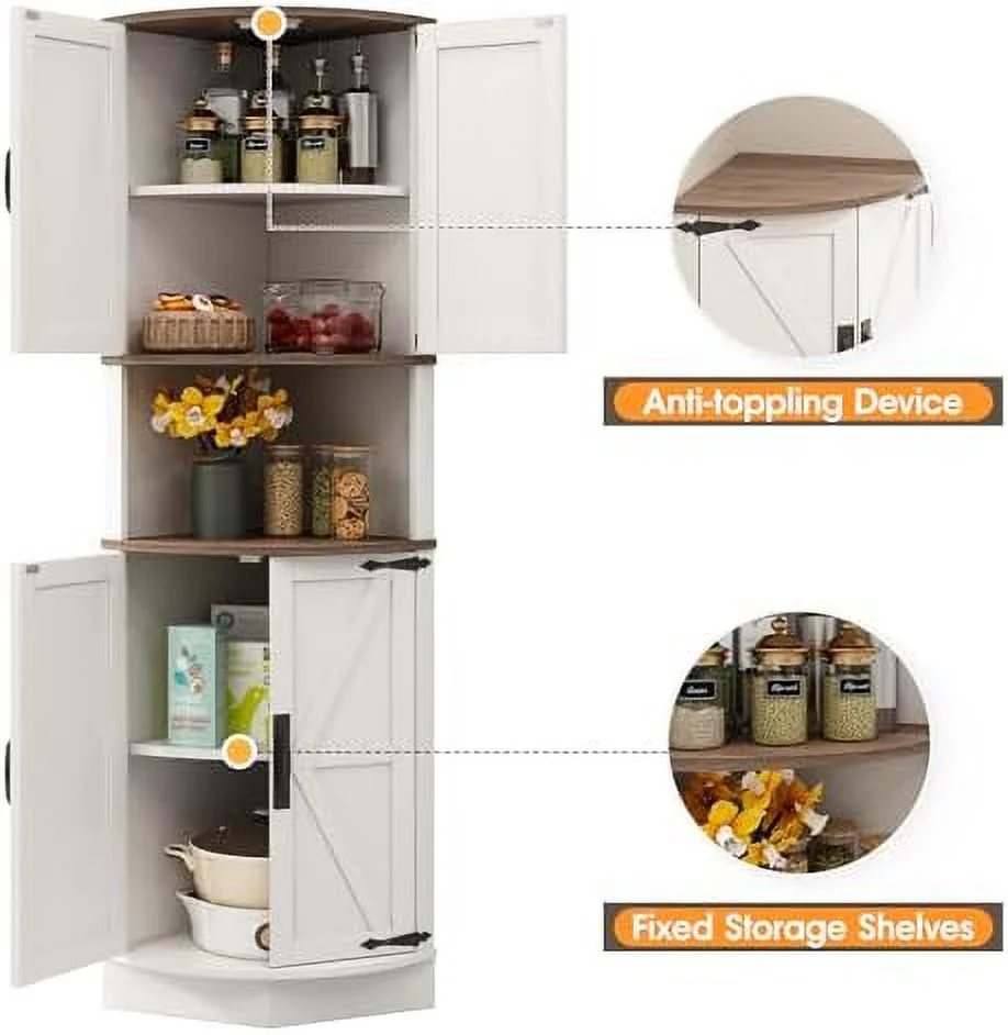 RUNFAYBIU 64.8" Tall Farmhouse Corner Cabinet with 4 Doors and 5  Shelves  Farmhouse  Cabinet with Barn Door Design  Home Space Saver for Living Room  Kitchen  Laundry Room White