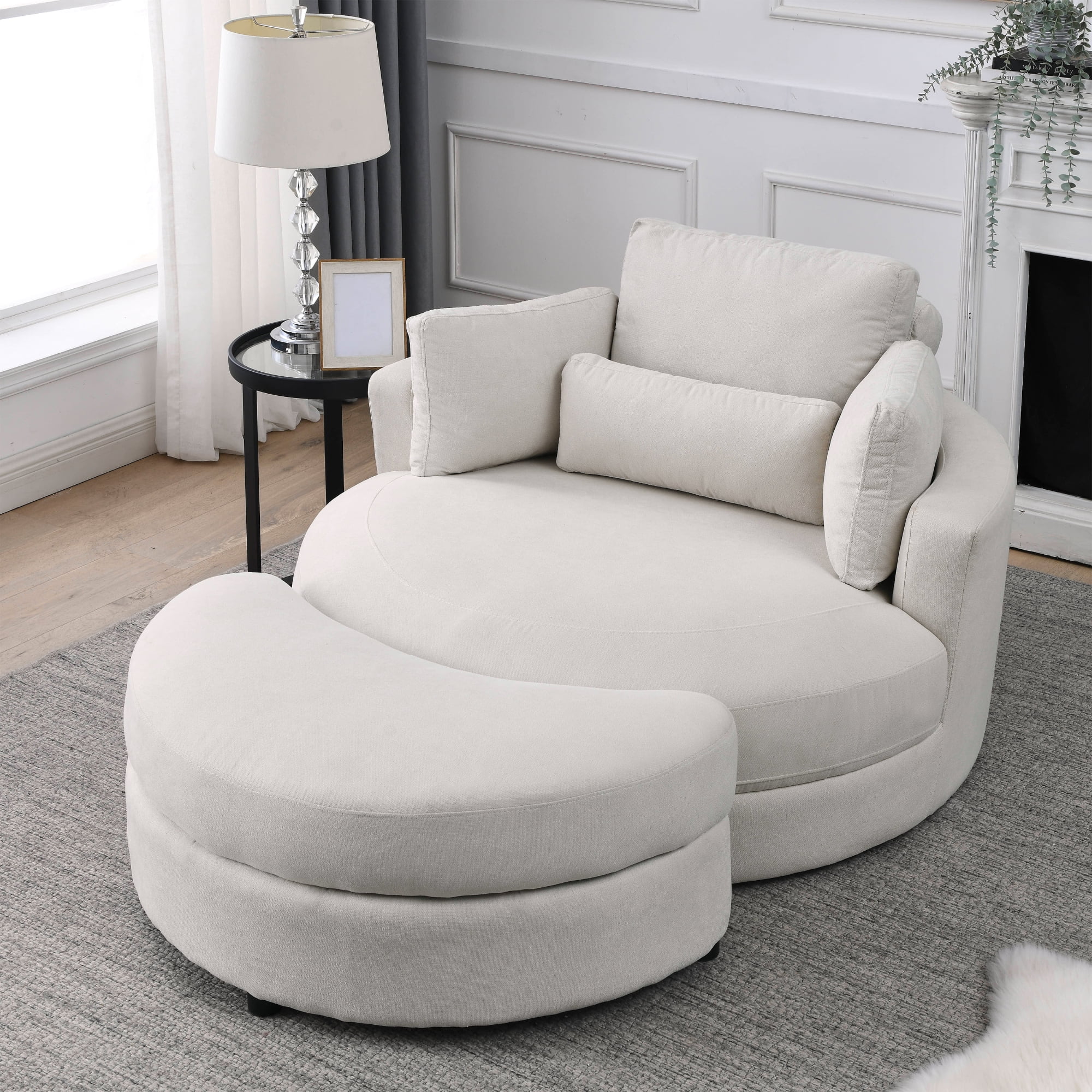[Video] Welike Swivel Accent Barrel Modern Sofa Lounge Club Big Round Chair with Storage Ottoman Linen Fabric for Living Room Hotel with Pillows . *2PCS