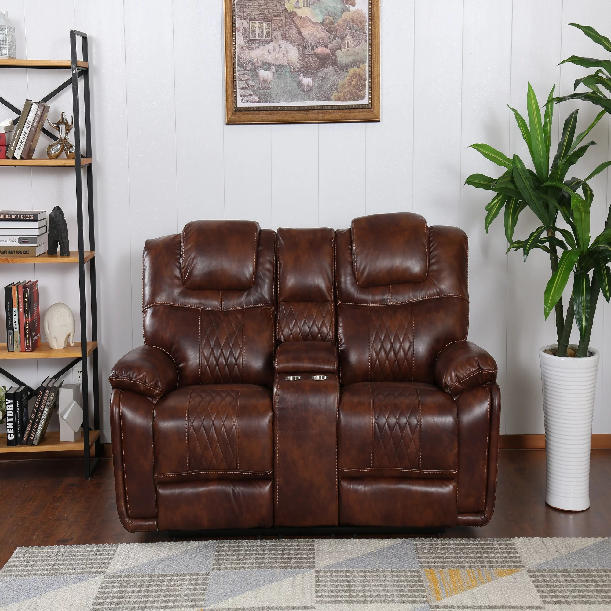 The Hamptons Collection 41” Rich Brown Power Dual Reclining Loveseat and Center Console in Leather