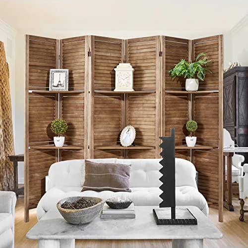 Room Divider with Shelves, Privacy Screen, Room Dividers and Folding Privacy Screens, 5 Panel Wood Temporary Wall Partition Separation Separator, Coconut