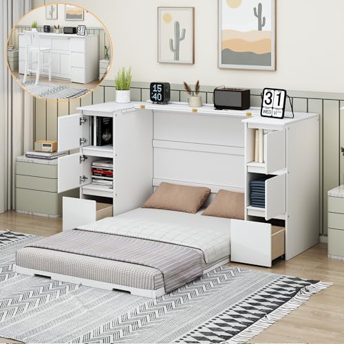 Twin Size Murphy Beds with Charging Station and Storage Drawers, Wood Cabinet Bed Frame, Wall Bed with Outlet & USB Ports for Home Office Studio, White