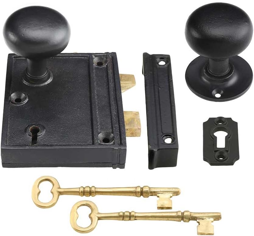 House of Antique Hardware R-01HH-1023V-C153-MB Cast Iron Vertical Rim Lock Set with Small Iron Knobs in Matte Black