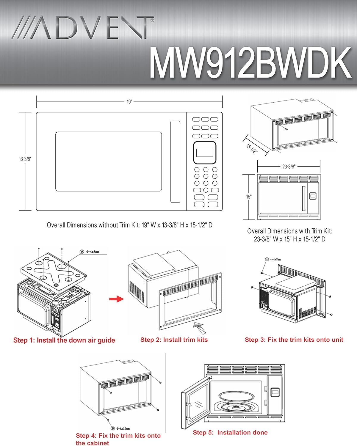 Advent MW912BWDK Black Built-in Microwave Oven with Wide Trim Kit PMWTRIM, Specially Built for RV Recreational Vehicle, Trailer, Camper, Motor Homes; 0.9 CuFt capacity; 900 watts Cooking Power; 10 Adj