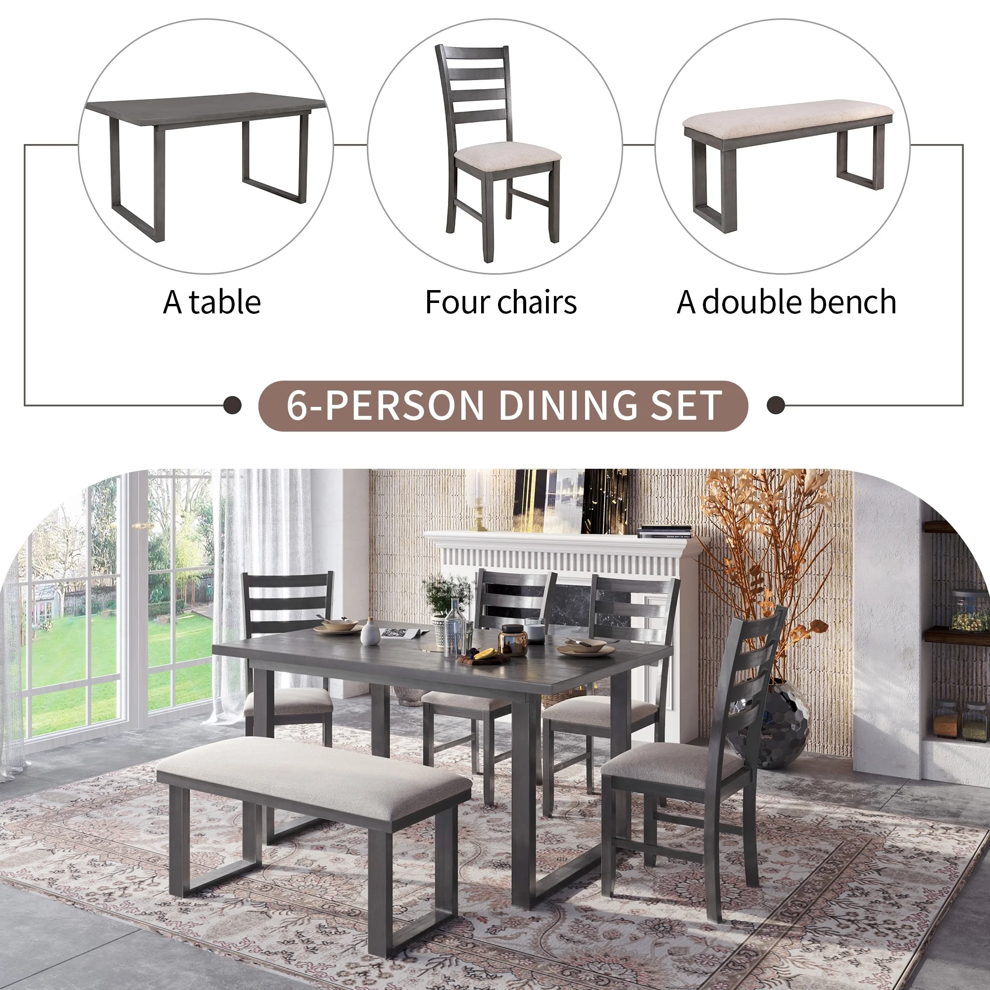 6-Piece Solid Wood Dining Set - Rectangular Table, 4 Chairs, and Bench in Gray - Contemporary Style for Family Gatherings