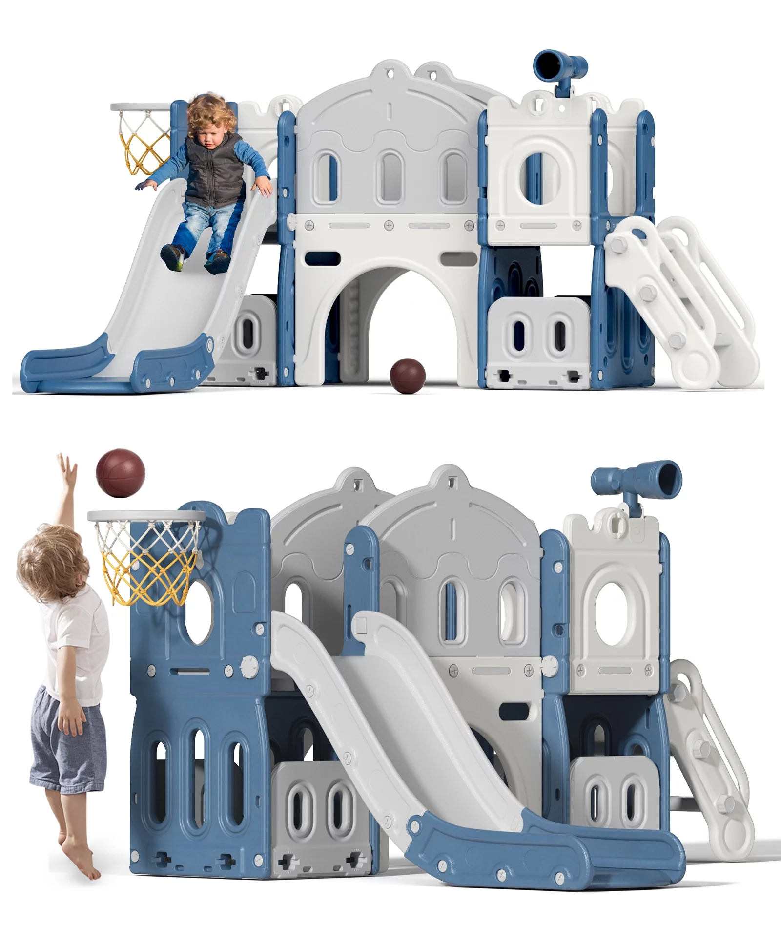 XJD 8 in 1 Toddler Slide with Climber, Kids Slide for Toddlers Age 1+,Basketball Hoop,Tunnel and Storage Space,Slide Toddlers Playset playground Outdoor Indoor play Set
