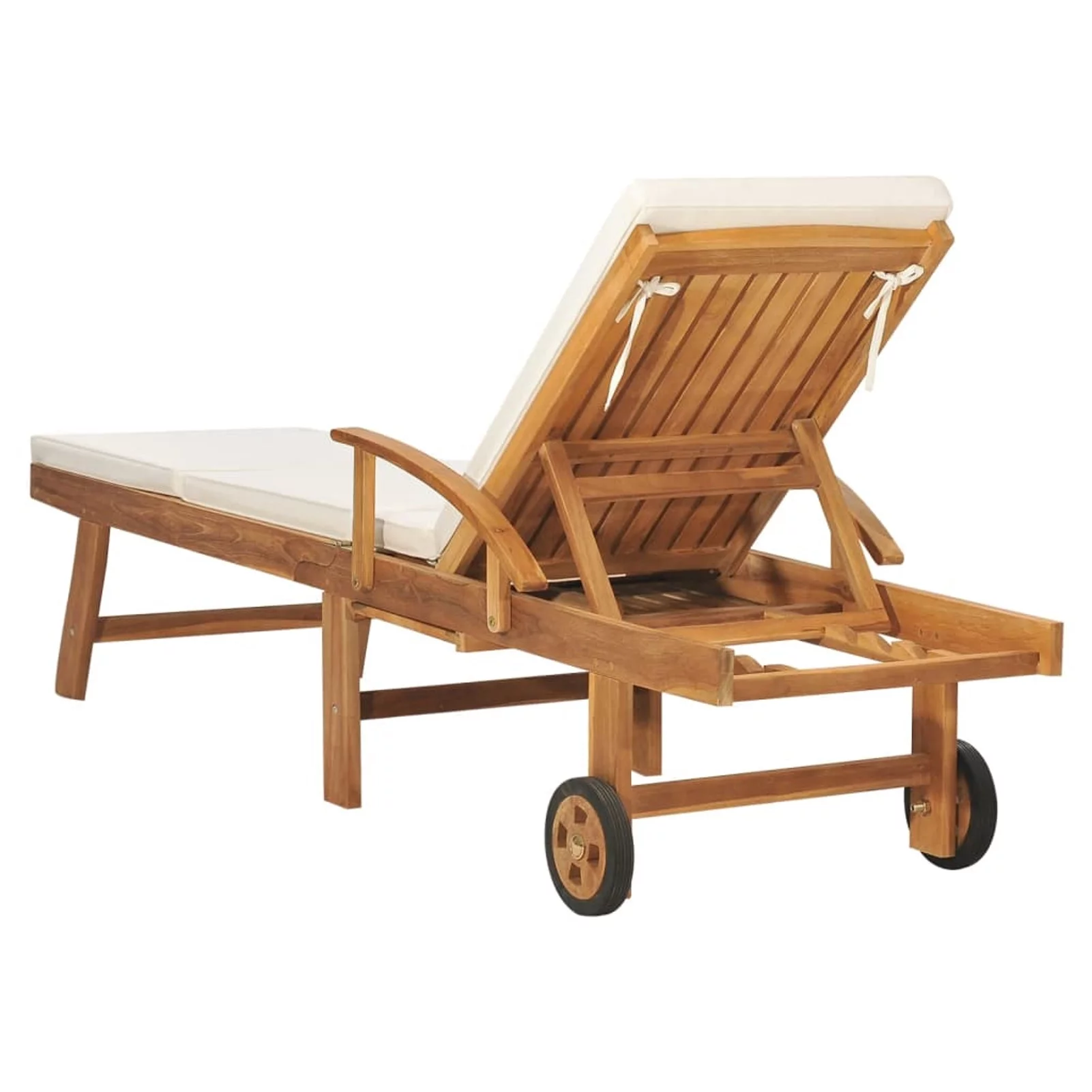 Anself Outdoor Sun Lounger with Sliding Table and Wheels Teak Wood Both Side Adjustable Chaise Lounge Chair Cream Cushioned Poolside, Backyard, Garden Furniture 76.8 x 23.4 x 13.8 Inches (L x W x H)