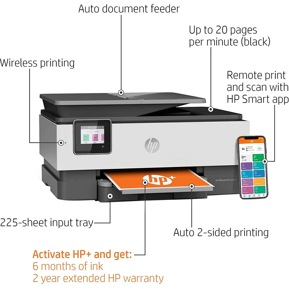 HP OfficeJet Pro 8025e All-in-One Wireless Smart Color Printer 1K7K3A Print, Scan, Copy, Fax, Mobile Functions, 6mths Instant Ink with HP+ Bundle with DGE Cable + Small Business Productivity Software