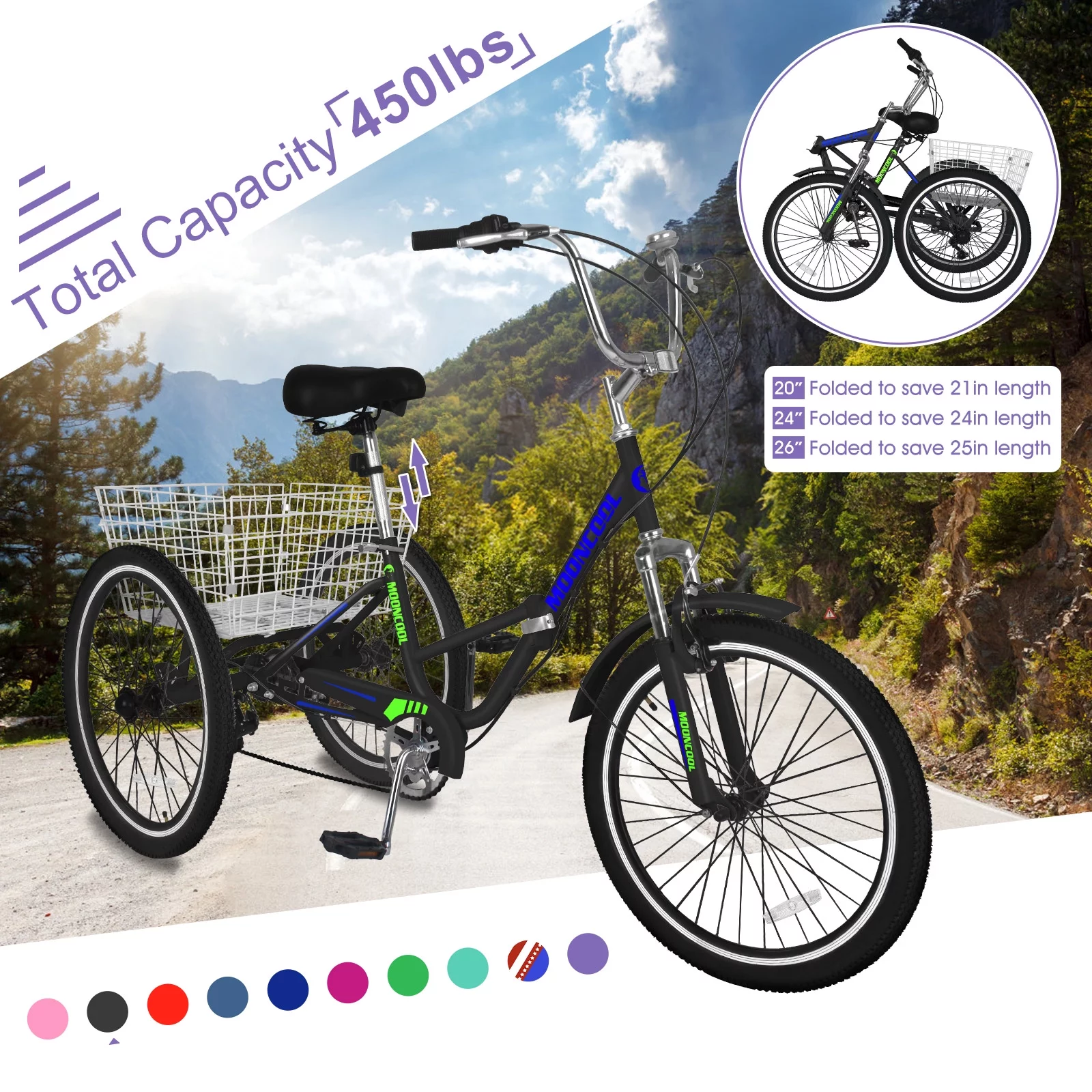 LILYPELLE 24 Adult Tricycle 7 Speed, Three Wheel Bikes for Adults 400lbs,Low-Step Through Trike Cruiser for Exercise Shopping Outdoor Activities,Cyan