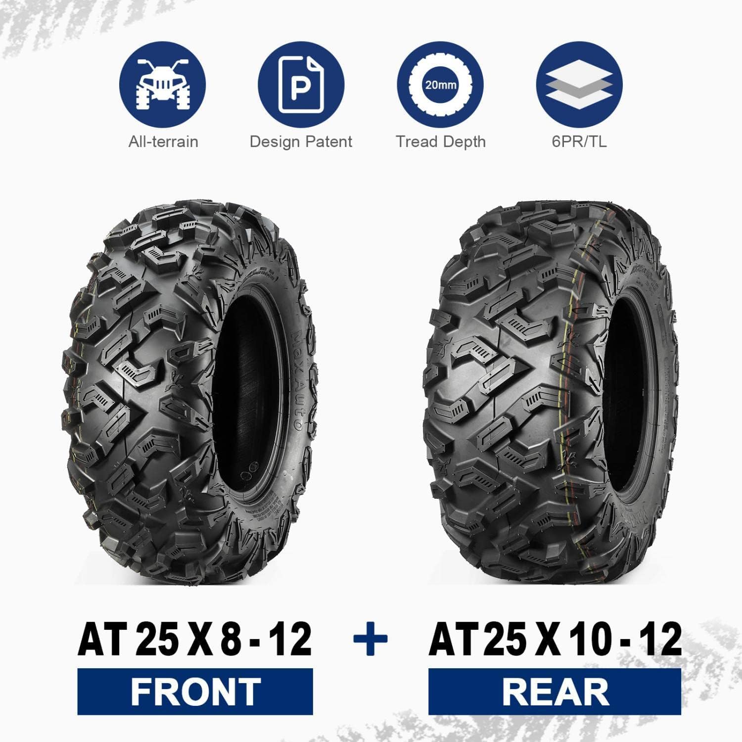 MaxAuto 25x8-12 25x10-12 ATV Tires Set of 4,6PR,Tubeless,0.8" Tread Depth,25x8x12 and 25x10x12 All Terrain Tires