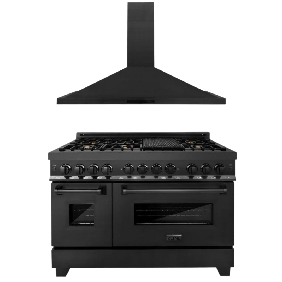 ZLINE 48 In. Dual Fuel Range in Black Stainless Steel & 48 Range Hood Appliance Package, 2KP-RABRH48