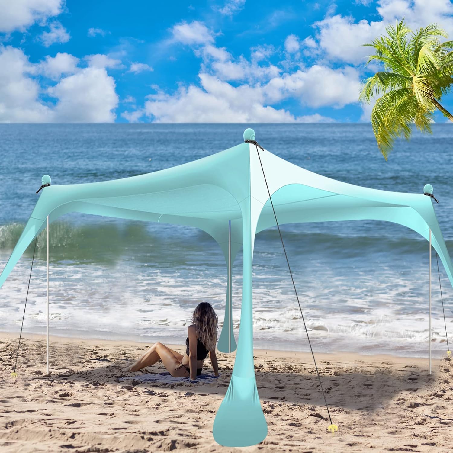 Buheco Beach Tent Pop Up Shade 7x7.5ft Beach Canopy Sun Shelter UPF50+ with 4 Foldable Poles-Portable Carrying Bag-Sand Shovel-Ground Pegs-Windproof Ropes for Outdoor Family Camping-Fishing- Picnic