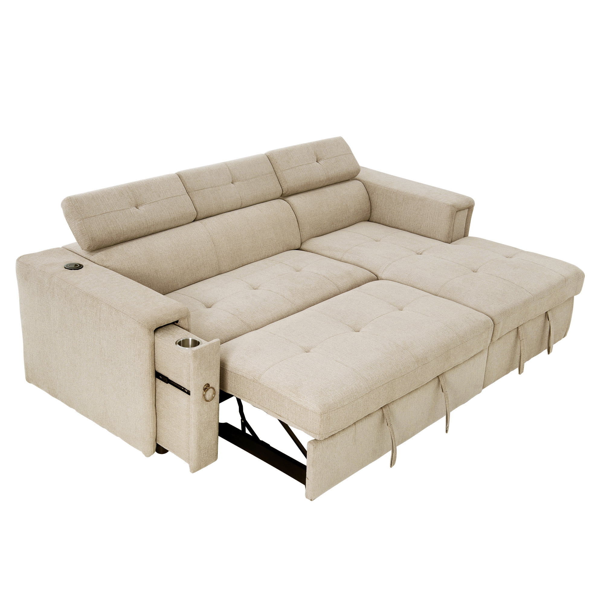 Soges 96" L-Shape Pull-Out Sofa Bed 3 Seat Sleeper Sofa with Adjustable Headrest, Wireless Charging, Cup Holders and Hidden Storage for Living Room, Bedroom, Office, Beige
