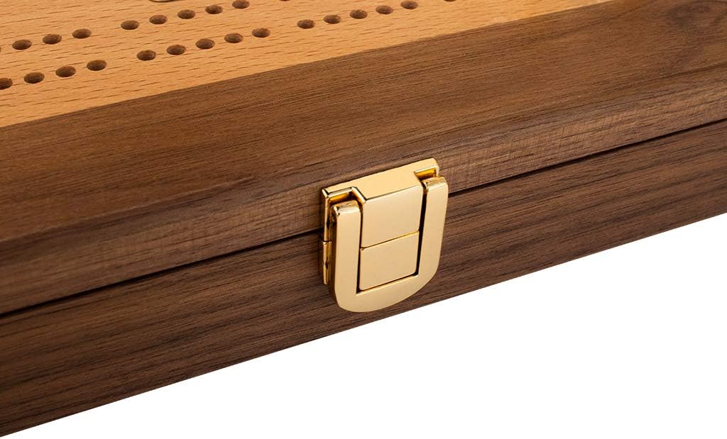 Club Alex Luxury Domino Set with Handcrafted Walnut-Framed Beechwood Case & Cribbage / Counter Top - Tournament Quality 28 Double-Six Dominoes (Domino Set with Personalized Brass Plate)