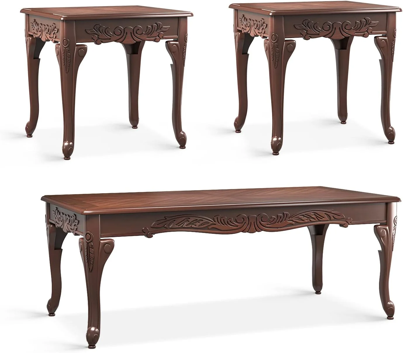 Modern 3 Piece Coffee Table Set, Wood Farmhouse Living Room Table Set Of 3, Includes 1 Rectangular Coffee Table & 2 Square End Tables With Carving Pattern, Espresso