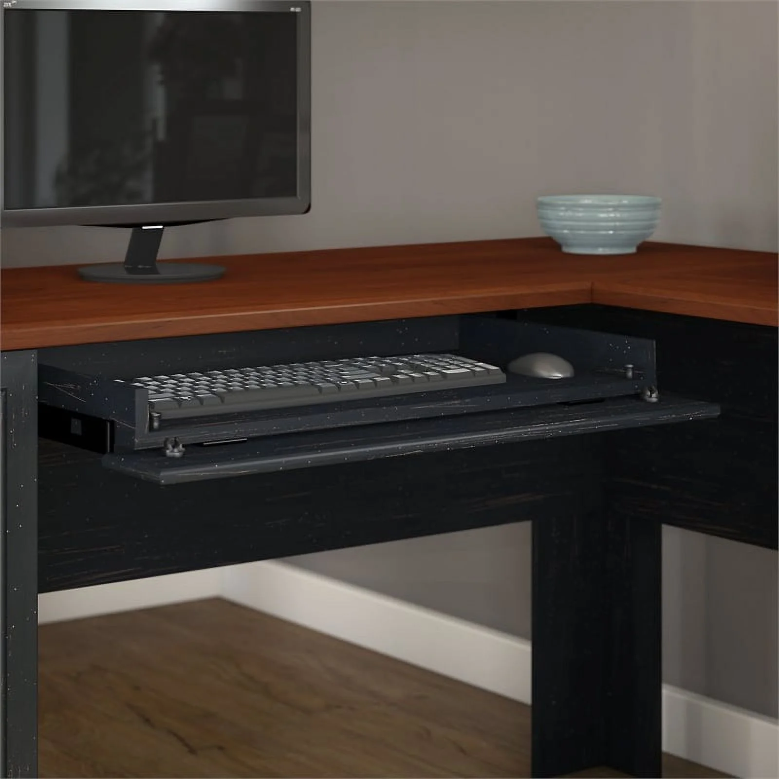 Pemberly Row Engineered Wood L Desk 5 Pc Office Set w/ Storage in Antique Black