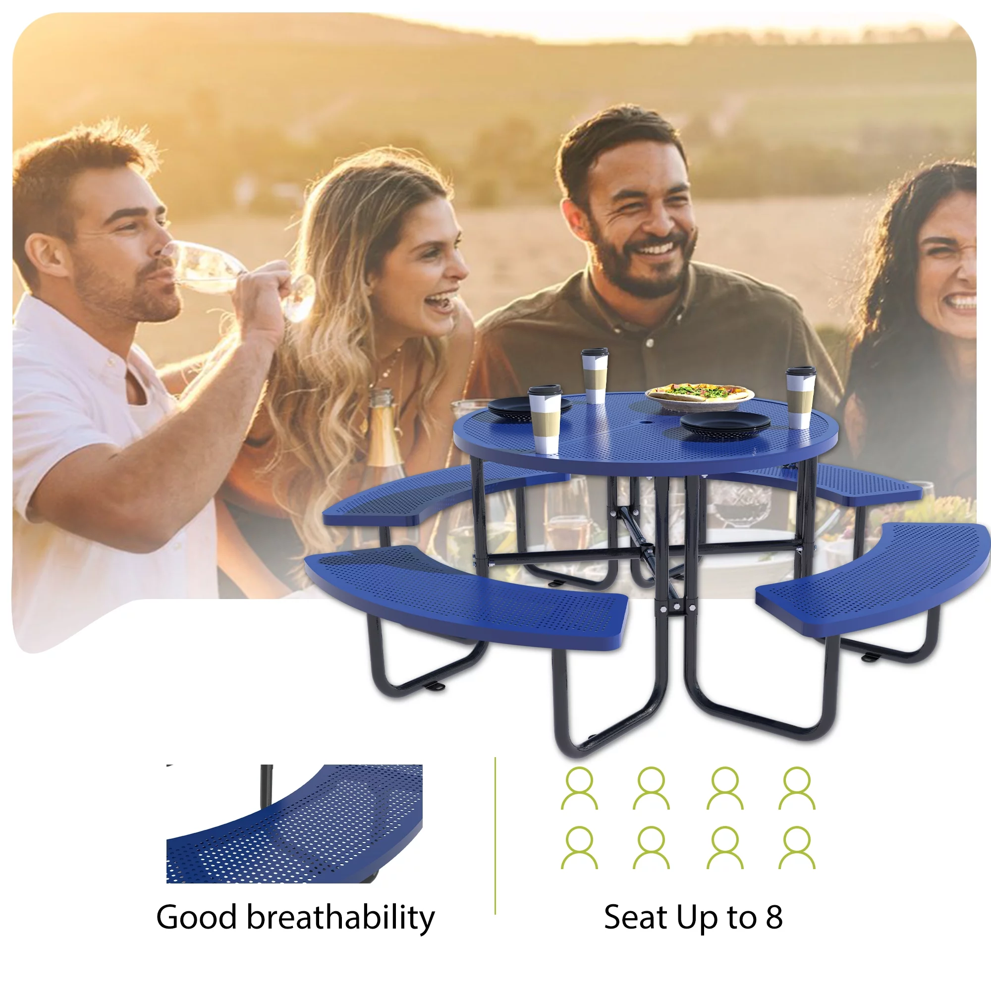 46'' Steel Round Picnic Table for Outdoors, Expanded, Lifetime Picnic Table with Umbrella Hole, Heavy Duty Sturdy Commercial Picnic Tables for Garden Courtyard BBQ, Blue