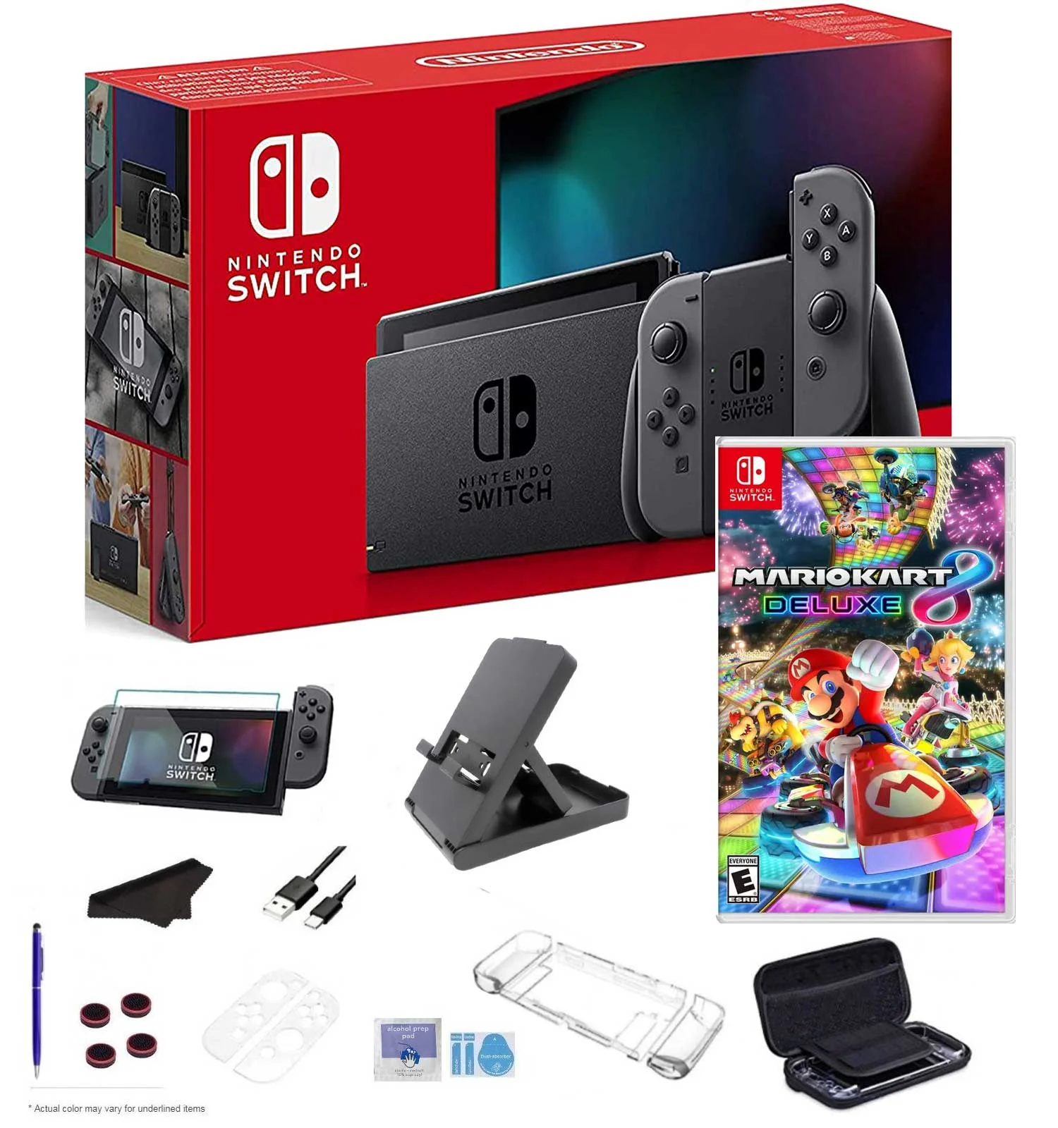 Nintendo Switch Console, Gray Joy-Con, 6.2" Multi-Touch, WiFi, Bluetooth, HDMI, 32GB Storage Bundle with Mario_Kart_8_Deluxe and 12-in-1 Carrying_Case (Game Console) - Curated Treasures Market