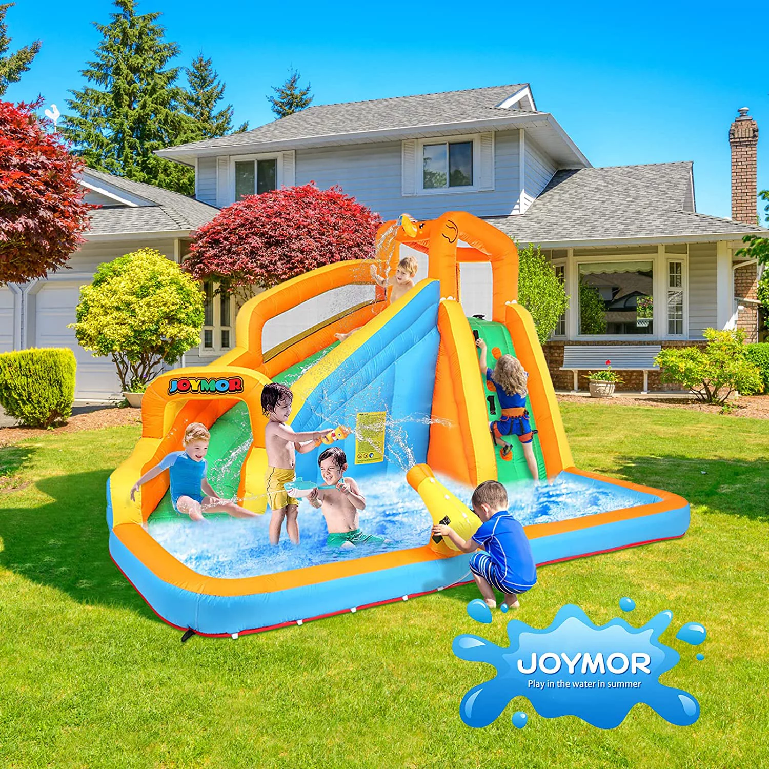 JOYMOR Inflatable Water Slide Bounce House w/Climbing Wall, Water Gun, Splash Pool, Water Slide Castle Outdoor Backyard Playhouse for Little Kids (Included Blower)