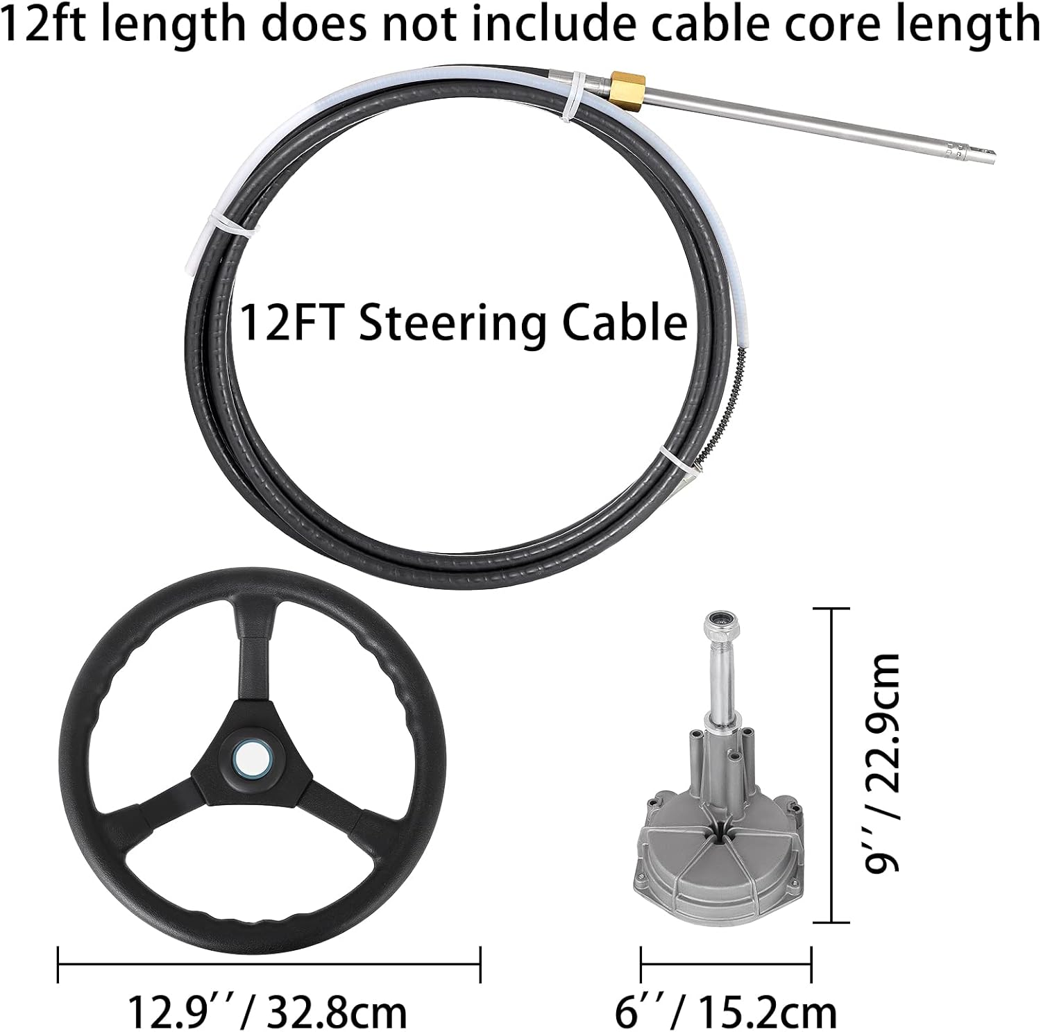 Bestauto Boat Steering Cable 12' Outboard Steering Cable 12 Feet Mechanical Rotary Steering Kit with 13 Inch Wheel for Boat Steering System