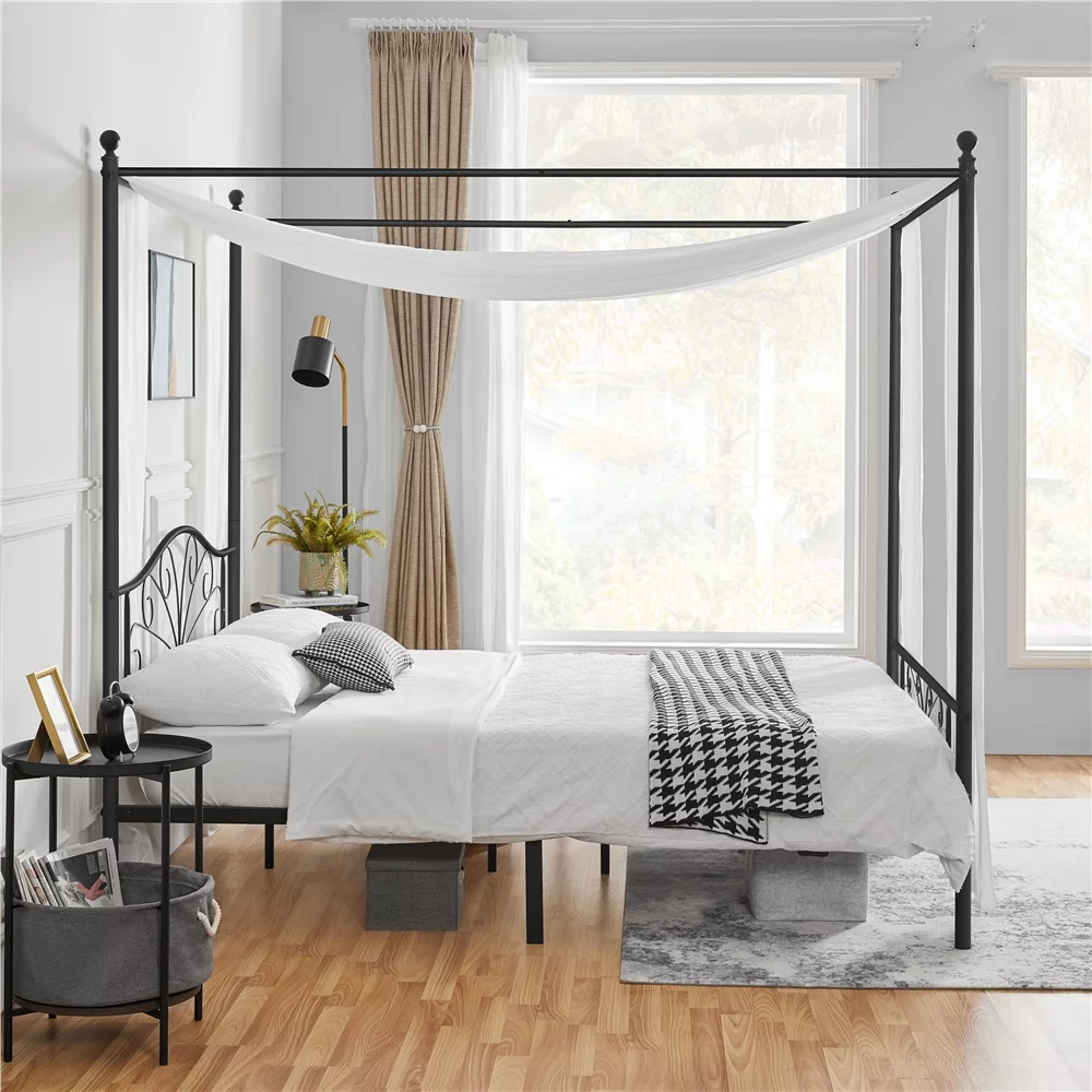 Topeakmart Four-poster Metal Canopy Platform Bed with Arched Headboard and Footboard, Queen Size, Black
