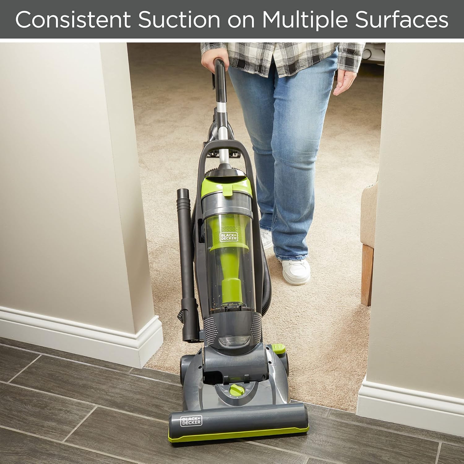 BLACK+DECKER Bagless Upright Vacuum Cleaner with Anti-Allergen HEPA Filer, Corded 1,200 Watt Motor & 5-Position Carpet Height Settings, Gray (BDXURV309G)