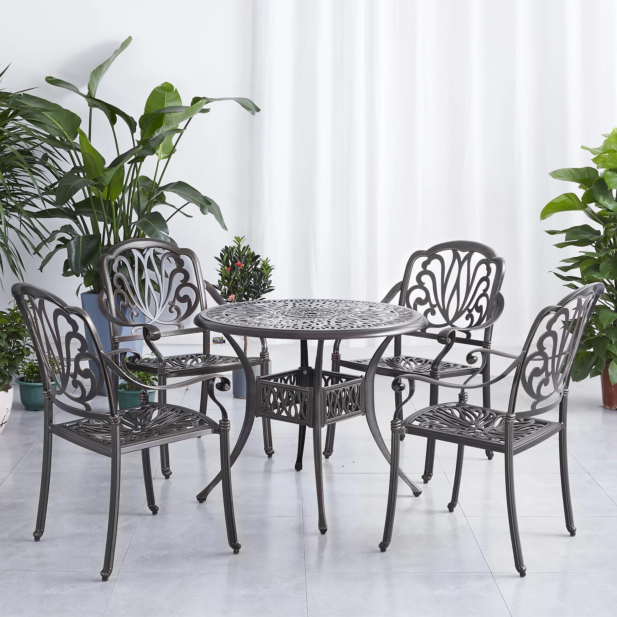 5Pcs Outdoor Furniture Dining Table Set All-Weather Cast Aluminum Patio Furniture Includes 1 Round Table and 4 Chairs with Umbrella Hole for Patio Garden Deck, Lattice Weave Design, Black Color