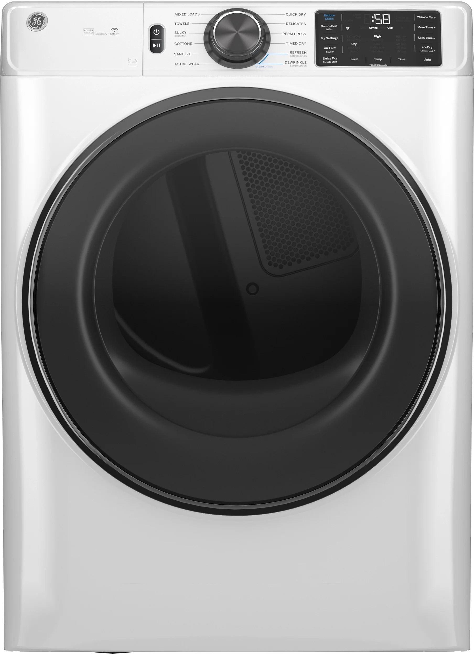 GE 28 Inch Wide Electric Dryer 7.8 CuFt with Steam and Sanitize 32 Inch Depth GFD65ESSVWW