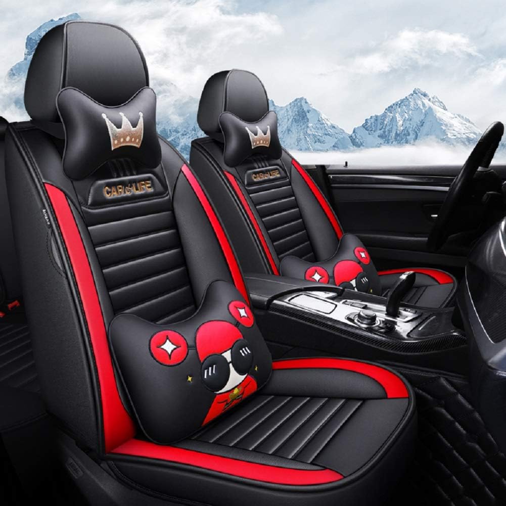 Car Life 360 Degrees Seamless All-Inclusive Luxury Leather Four Season Seat Covers Cushion 5 Seat Full Set of Universal Fit. (Luxurious Black-red)