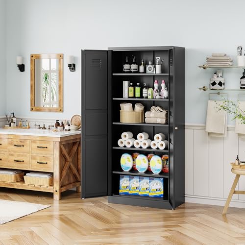 Kitchen Pantry Storage Cabinet with Adjustable Shelves Metal Cupboard Storage Cabinet with Adjustable Feet Pantry Cabinet for Kitchen, Living Room Dinning Room Bathroom. (Black, 61 inch)