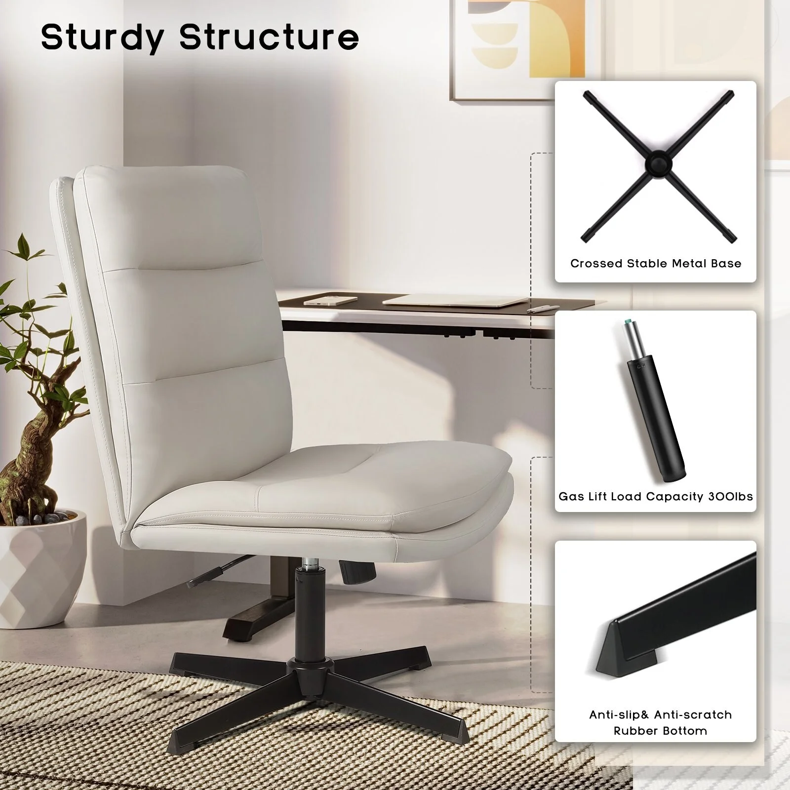 Bossin  Office Chair Desk Chair Armless No Wheels, PU Leather Criss Cross Legged, High Back Task Chair White