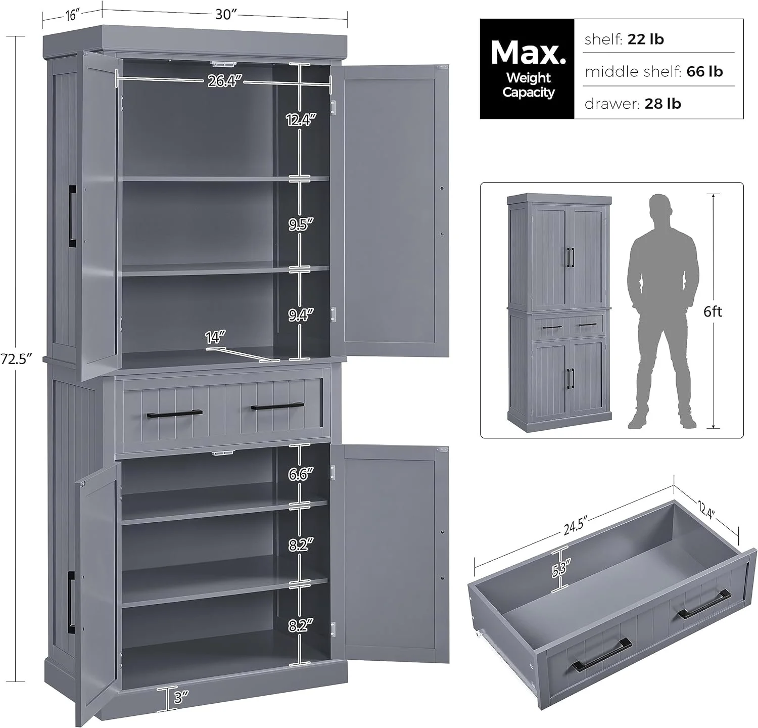 72.5" Kitchen Pantry Storage Cabinet with Drawer, Freestanding Pantry Cupboard with Doors and 2 Adjustable Shelves, Modern Utility Pantry Cabinet for Dinning Room, Living Room, White