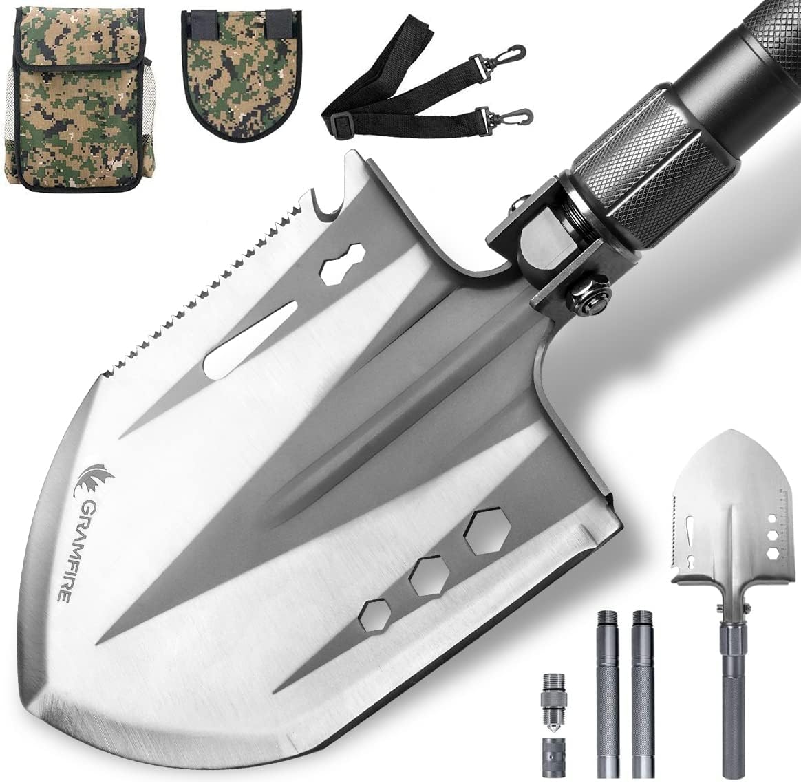 GRAMFIRE Multifunctional Camping Shovel Survival Foldable Portable Tactical Utility Tool Equipment Shovel for Military Hiking Hunting Outdoor Emergency